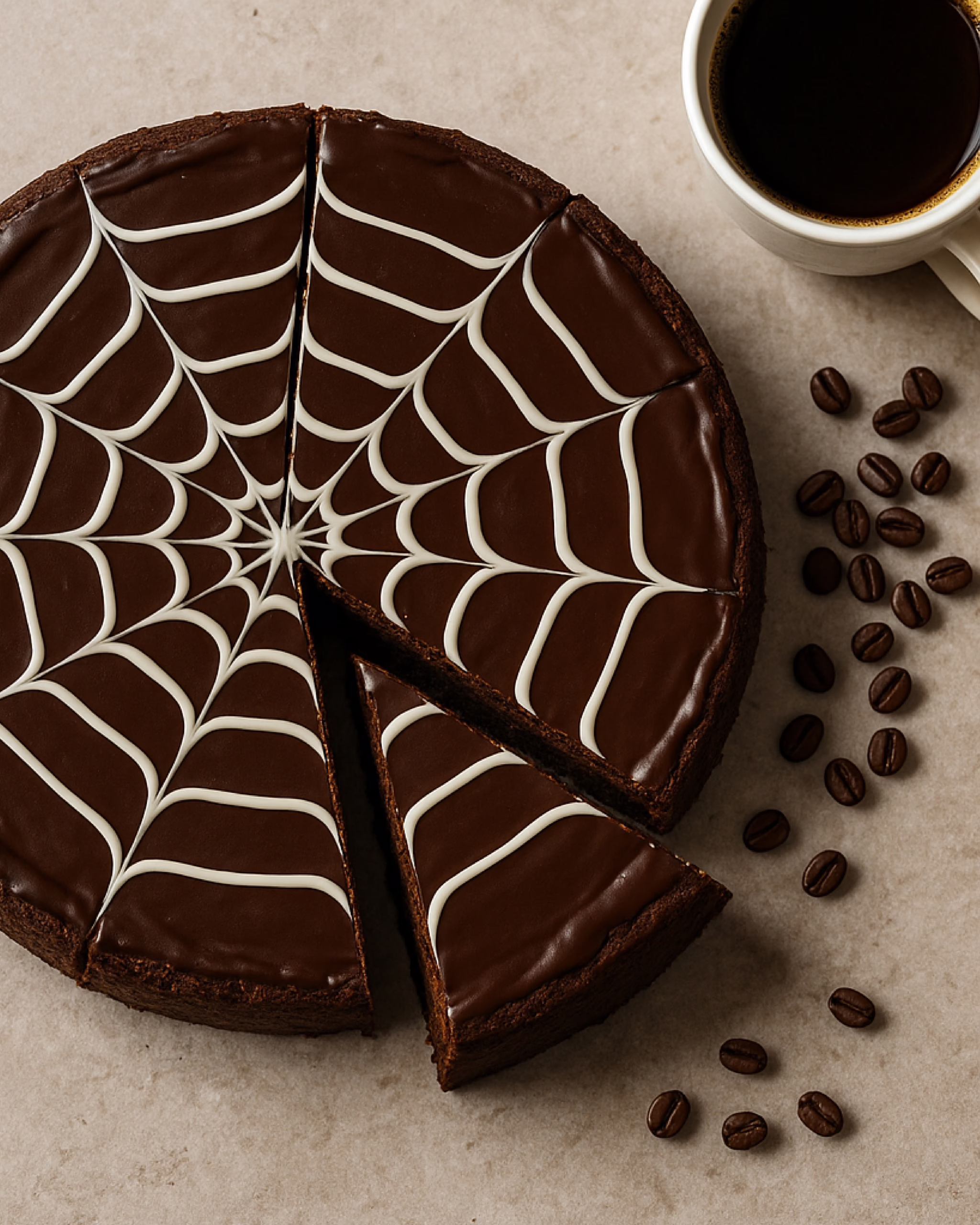 Halloween kladdkaka med espresso – chokladganache och vitt spindelnät, skuren bit, kaffebönor bredvid