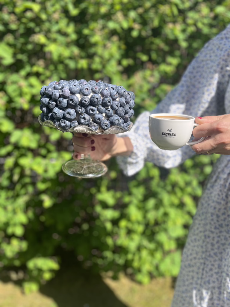 Nationaldagstårta med choklad, kaffe och blåbär tillsammans med kaffe Sombra i Gåshaga Kafferosteri kopp