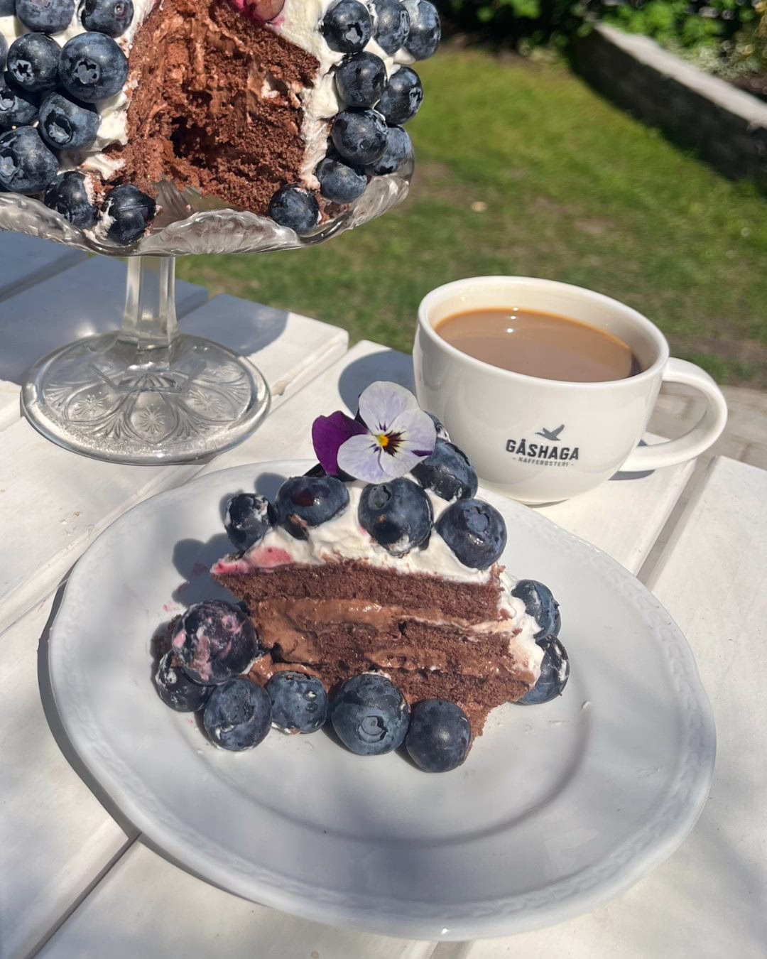 Nationaldagstårta med choklad, kaffe och blåbär tillsammans med bryggkaffe Sombra från Gåshaga Kafferosteri